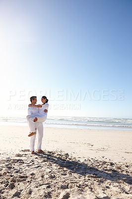 Buy stock photo Couple, husband, wife and honeymoon on island and happy for getaway, travel and vacation in Bali. Man and woman and love for celebration, union and companionship at beach or seaside in Indonesia