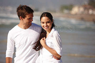 Buy stock photo Couple, man and woman on vacation, island and smile for getaway, travel and honeymoon in Bali. Husband, wife and love with happiness, union and companionship at beach or seaside in Indonesia