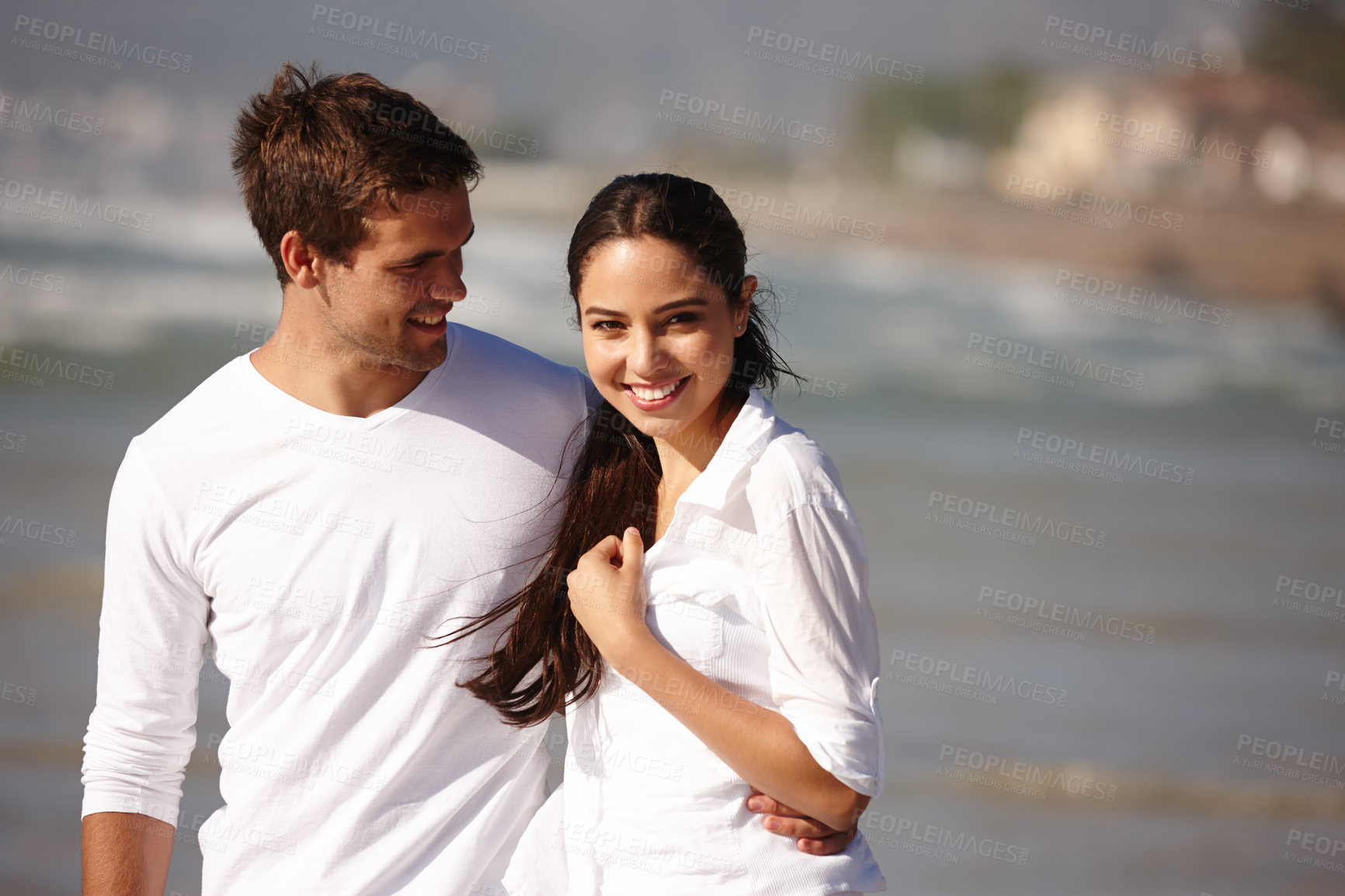 Buy stock photo Couple, man and woman on vacation, island and smile for getaway, travel and honeymoon in Bali. Husband, wife and love with happiness, union and companionship at beach or seaside in Indonesia