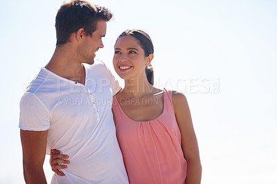 Buy stock photo Happy couple, sunshine and love for trust outdoor with relationship, summer vacation and hugging. Man, smiling woman and romance together for holiday travel with embrace, smile and bonding outside