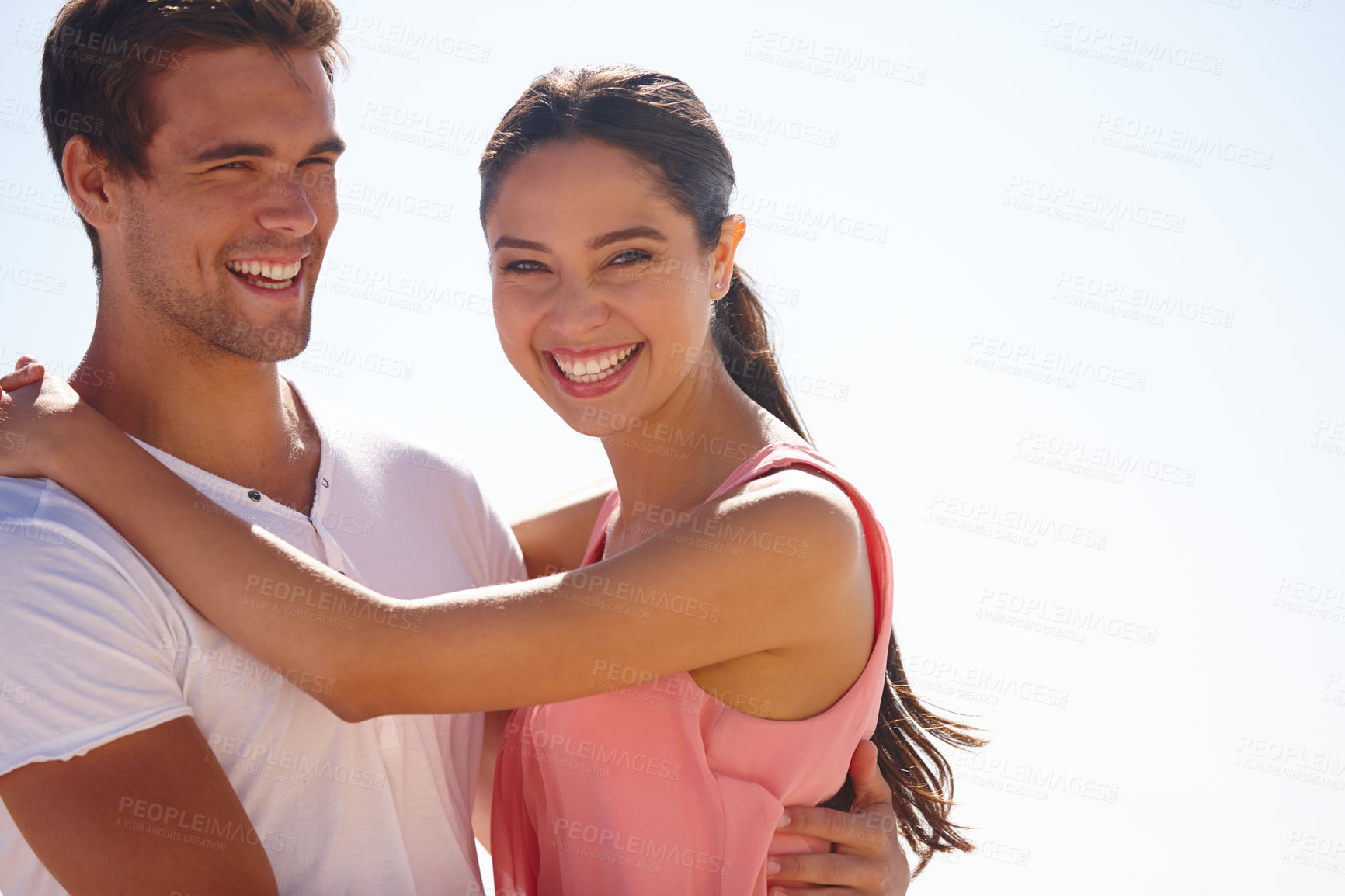 Buy stock photo Happy couple, portrait and hug in nature with sky background, love and care with time together for travel. Safety, security and trust, comfort or support, people in relationship and romance outdoor