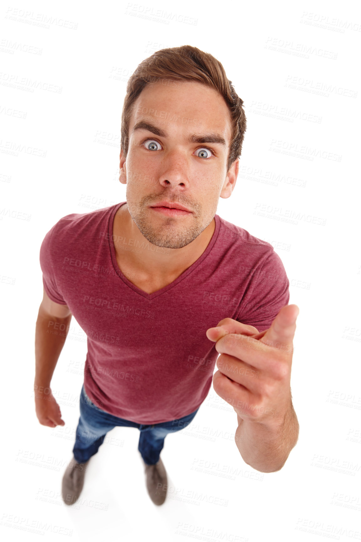 Buy stock photo Stress, hand pointing and portrait of angry man in studio frustrated, annoyed or defensive on white background. Face, top view or male model with aggressive reaction conflict, trauma or confrontation