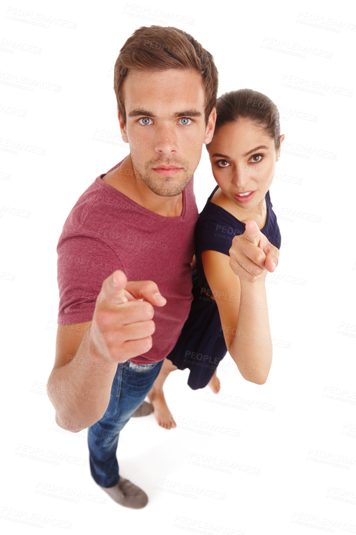 Buy stock photo Portrait, couple and together by white background for pointing direction with choose, advertise and decision. Looking up, show and isolated people in studio for commercial, offer and hand gesture