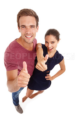 Buy stock photo Marriage counselling, portrait and couple with thumbs up in studio top view for support, help or solution on white background. Therapy, service or people with OK hand emoji for reconciliation success