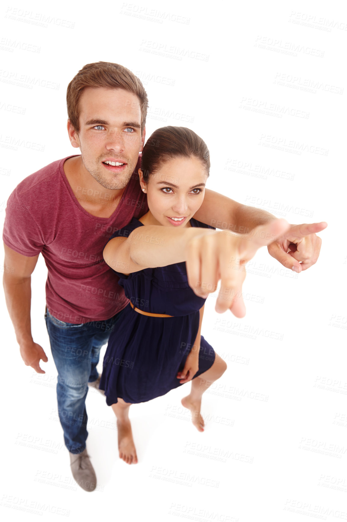 Buy stock photo Love, couple and hand pointing in studio for announcement, information or promotion on white background. Marriage, news and people show competition, offer and romantic valentines day giveaway deal