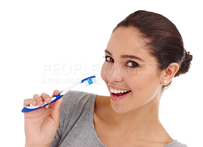 Buy stock photo Toothbrush, smile and portrait with woman, wellness and teeth whitening isolated on white studio background. Face, happy person or girl with aesthetic and hygiene with morning routine or fresh breath