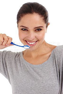 Buy stock photo Toothbrush, smile and portrait with woman, routine and teeth whitening isolated on a white studio background. Face, happy person and cheerful girl with aesthetic and hygiene with grooming and morning