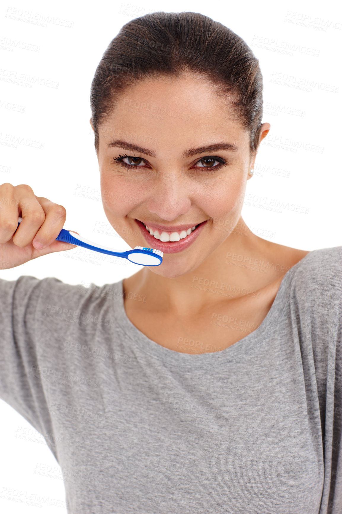 Buy stock photo Toothbrush, smile and portrait with woman, routine and teeth whitening isolated on a white studio background. Face, happy person and cheerful girl with aesthetic and hygiene with grooming and morning