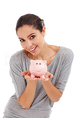 Buy stock photo Portrait, piggy bank and happy woman in studio for budget, finance or investment. Face, smile and person with money box for savings, income or security of future profit isolated on a white background