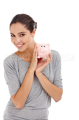 Buy stock photo Portrait, piggy bank and happy woman in studio for finance, budget or investment. Face, smile and person with money box for savings, income or security of future profit isolated on a white background