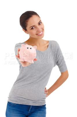 Buy stock photo Portrait, piggy bank and happy woman in studio for savings, finance or investment. Cash, smile and person with money box for budget, income or show container for profit isolated on a white background