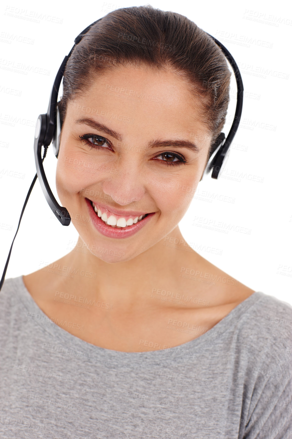 Buy stock photo Person, headset and smile for call center agency, online marketing or customer sales in studio portrait.Woman, headphone and happy for digital consulting, client servicing or consumer relations