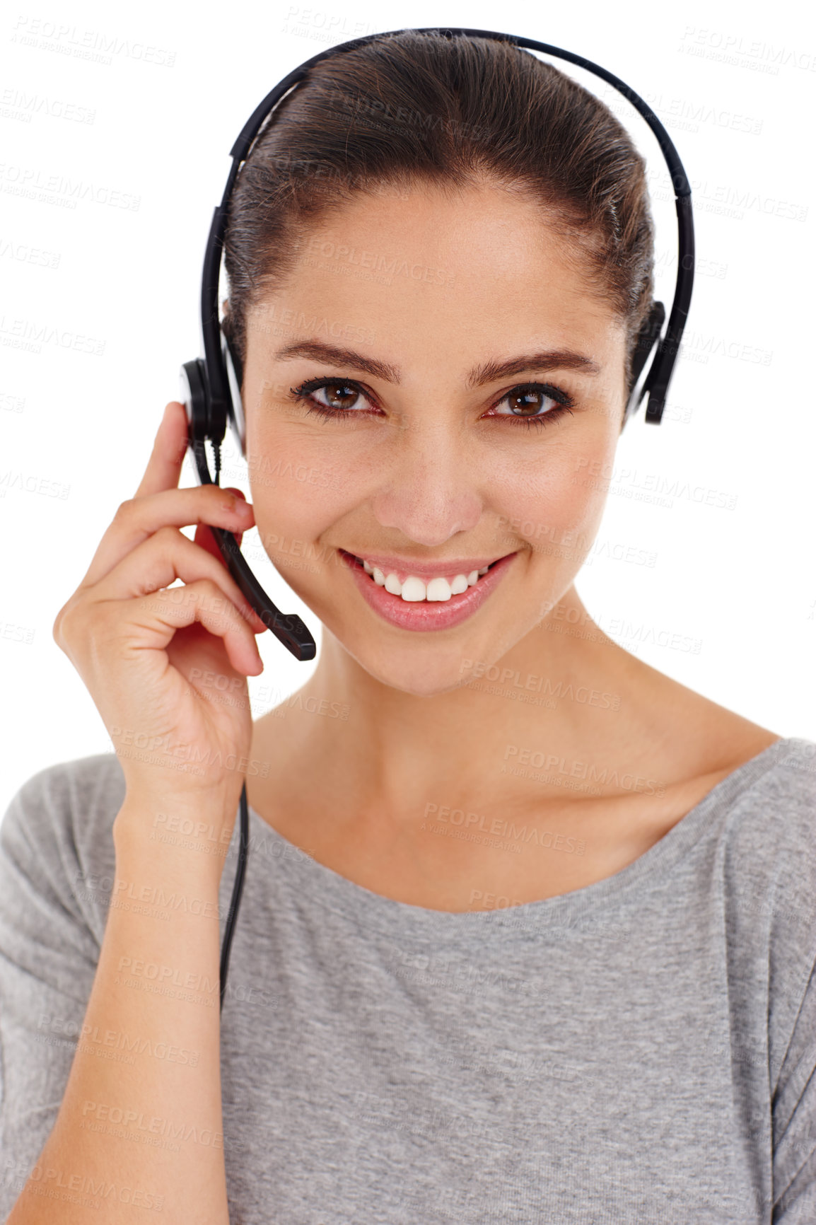 Buy stock photo Woman, headphone and happy for call center, online marketing or customer sales job in studio portrait. Person, headset and smiling for digital consulting, client servicing or consumer relations