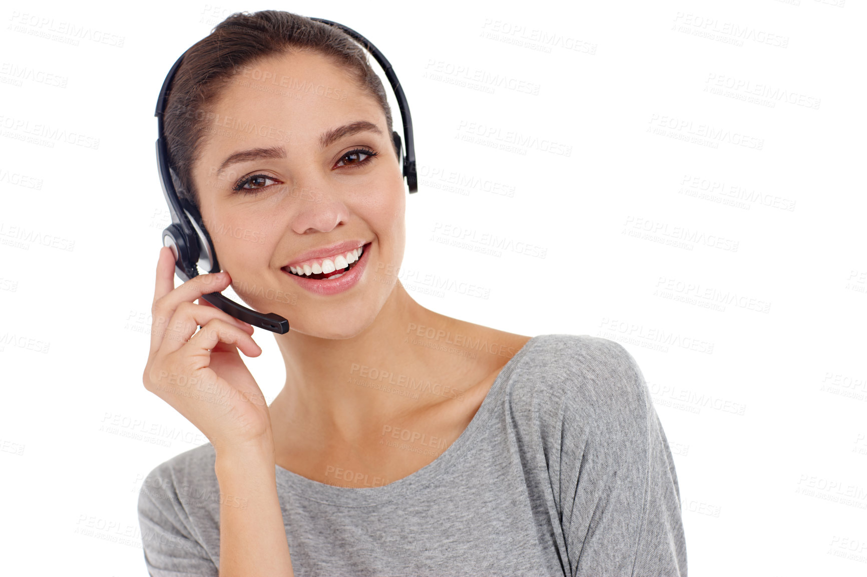 Buy stock photo Studio shot of a young woman wearing a hands-free headset