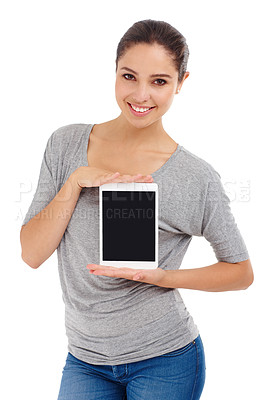 Buy stock photo Woman, portrait and tablet with screen for mockup, advertising and promotion for app with tech on white background. Digital marketing, website ads and UX with connectivity for online info or news