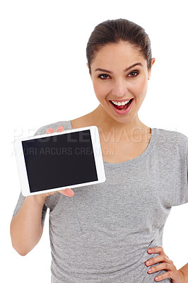 Buy stock photo Happy woman, portrait and tablet with screen for mockup, advertising and promo for app with tech on white background. Digital marketing, website ads and UX with connectivity for online info or news