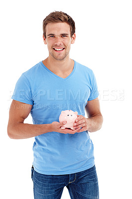 Buy stock photo Portrait, piggy bank and happy man in studio for budget, finance or investment. Face, smile and person with money box for savings, income or security of future profit isolated on a white background