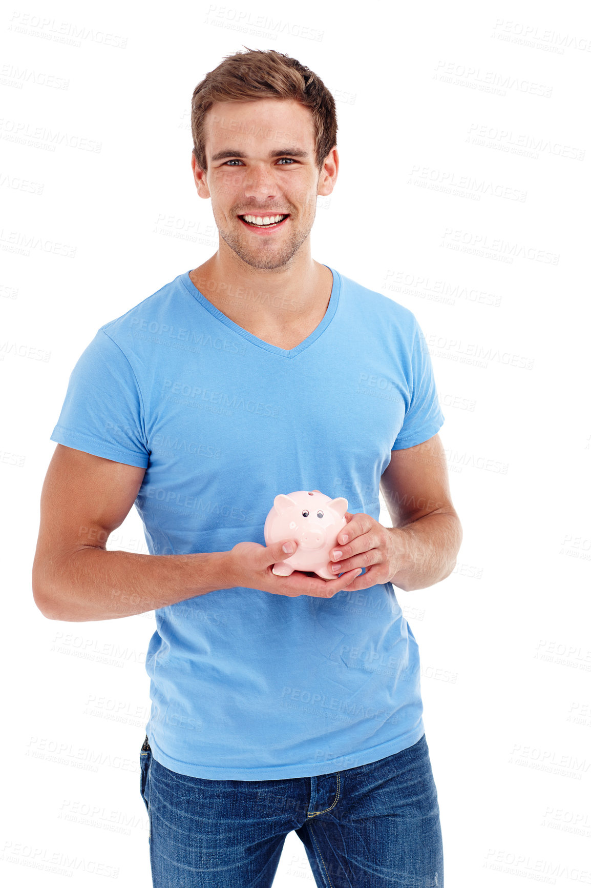 Buy stock photo Portrait, piggy bank and happy man in studio for budget, finance or investment. Face, smile and person with money box for savings, income or security of future profit isolated on a white background