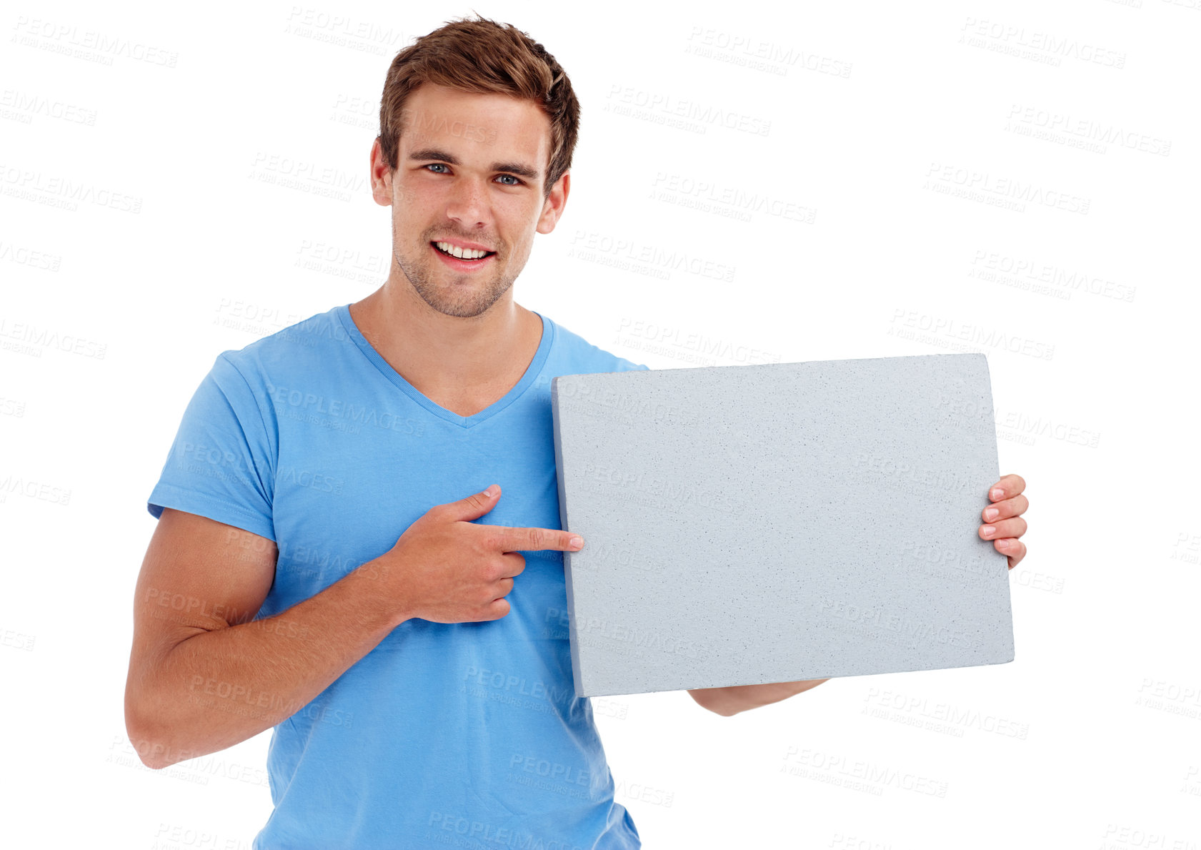 Buy stock photo Man, portrait and board in studio with banner for advertising space, presentation or promotion sign. Model, smile and cardboard for poster, announcement and mockup for information on white background