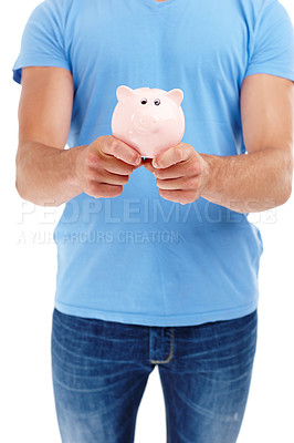 Buy stock photo Hands, piggy bank and person in studio for budget, finance and investment with body isolated on a white background. Container, show and money box for savings, income and security of future profit