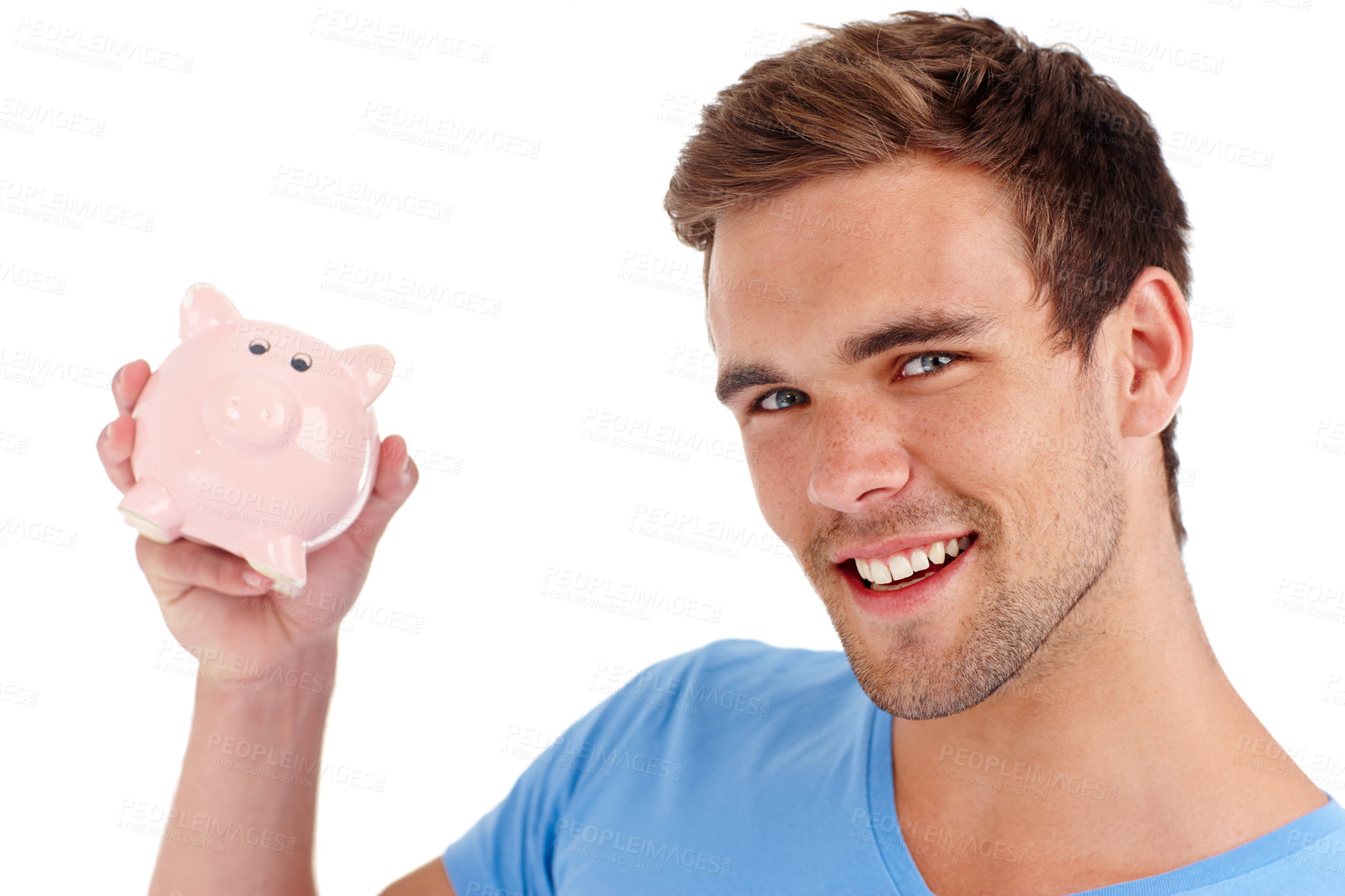 Buy stock photo Portrait, piggy bank and happy man in studio for finance, budget or investment. Face, smile and person with money box for savings, income or security of future profit isolated on a white background