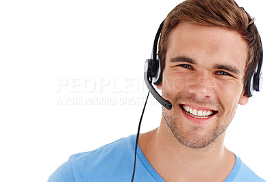 Buy stock photo Portrait, customer service and man with headphones, call center and telemarketing consultant isolated on a white studio background. Face, person and insurance agent with headset and virtual assistant