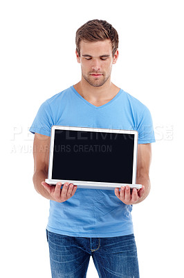 Buy stock photo Man, face and laptop with screen in studio for social media advertisement, internet announcement and confidence. Mockup space, person and technology for website marketing or pride on white background