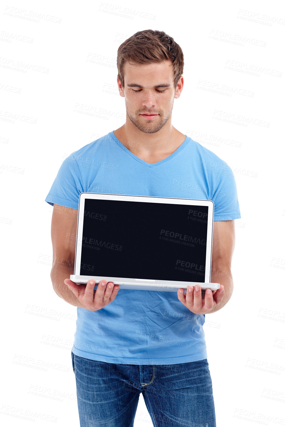 Buy stock photo Man, face and laptop with screen in studio for social media advertisement, internet announcement and confidence. Mockup space, person and technology for website marketing or pride on white background