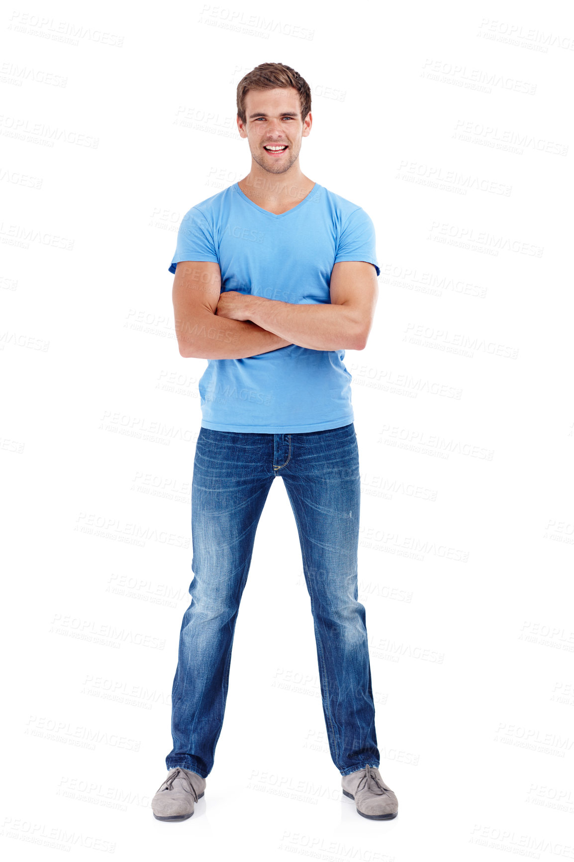 Buy stock photo Man, portrait and smile or arms crossed in studio with casual fashion, confidence and trendy outfit with jeans. Model, cool entrepreneur and happy with relax, good mood and denim on white background