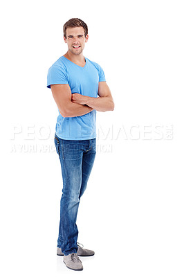 Buy stock photo Man, portrait and happy or arms crossed in studio with casual fashion, confidence and trendy outfit with mockup. Model, entrepreneur and smile with relax, good mood and denim on white background