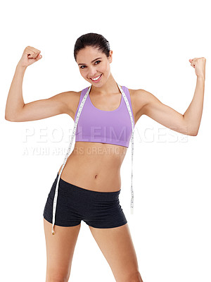 Buy stock photo Winner, fitness and woman with measuring tape in portrait, weight goal with diet and exercise on white background. Champion, body and wellness, success in progress for weightloss and smile in studio