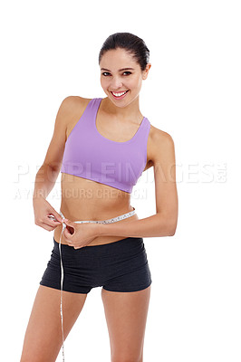 Buy stock photo Portrait, fitness and woman with measuring tape for waist, weight goal with diet and exercise on white background. Health, body and wellness, check progress for weightloss and measurement in studio