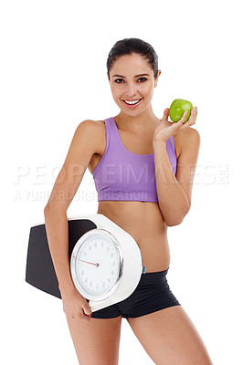 Buy stock photo Portrait, scale and woman with wellness, apple and healthy person isolated on a white studio background. Face, happy girl and model with smile and exercise with diet plan and weight loss with fruit