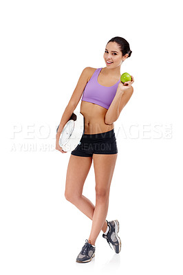 Buy stock photo Portrait, scale and woman with benefits, apple and healthy person isolated on a white studio background. Face, girl and model with wellness and nutrition with diet plan and weight loss with fitness