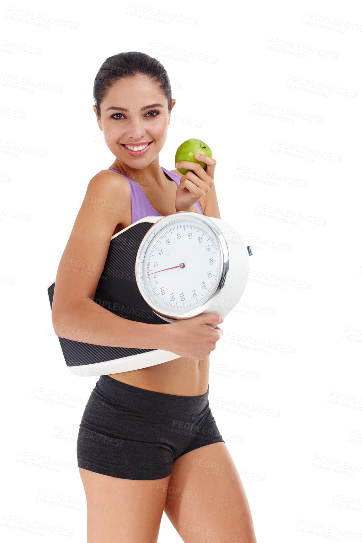 Buy stock photo Portrait, scale and woman with weight loss, apple and healthy person isolated on white studio background. Face, girl and model with wellness, balance or exercise with diet plan, nutrition or benefits