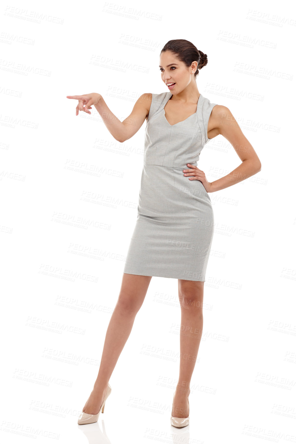 Buy stock photo Business woman, pointing and promotion with news, announcement and advertisement in studio. Professional, job consultant and corporate fashion with surprise from deal and sale with white background