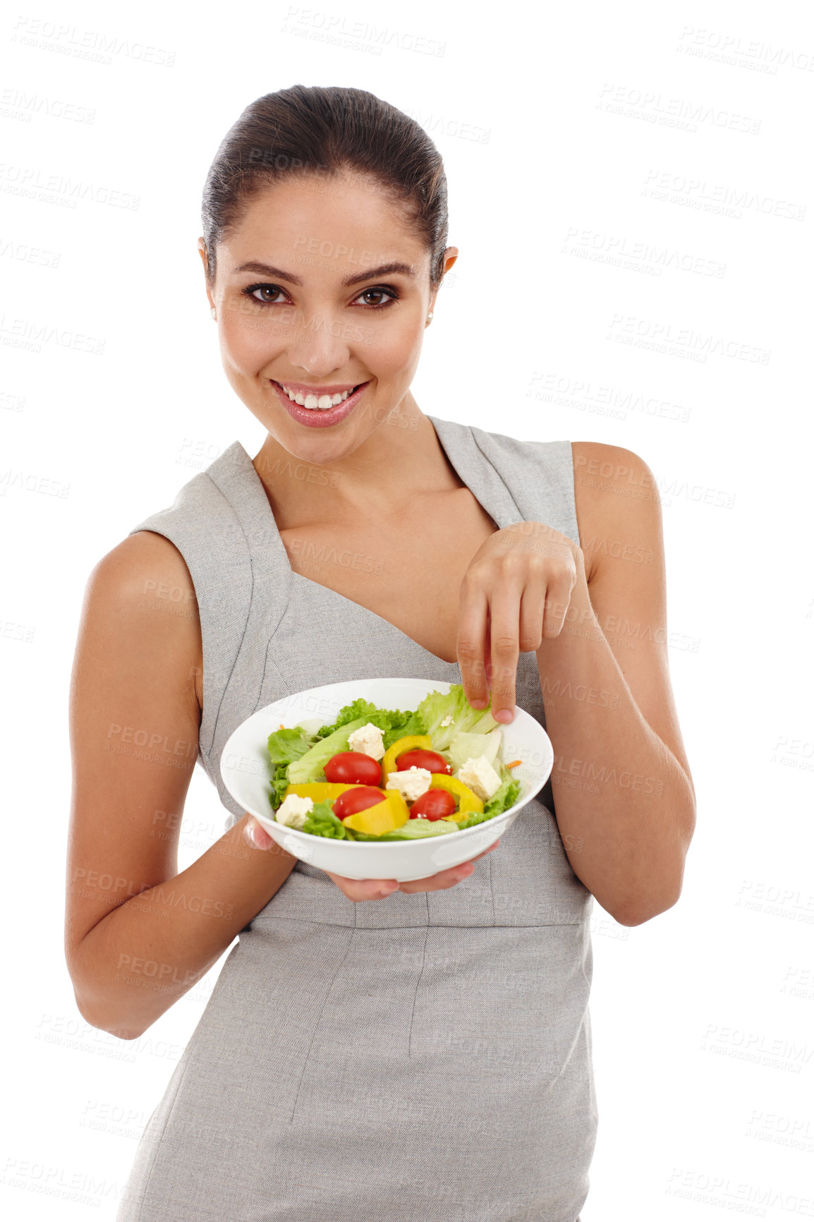 Buy stock photo Woman, portrait and fashion in studio with salad for healthy living, vegan meal and vegetables with nutrition. Model, face and happy with diet lunch, feta snack and organic food on a white background