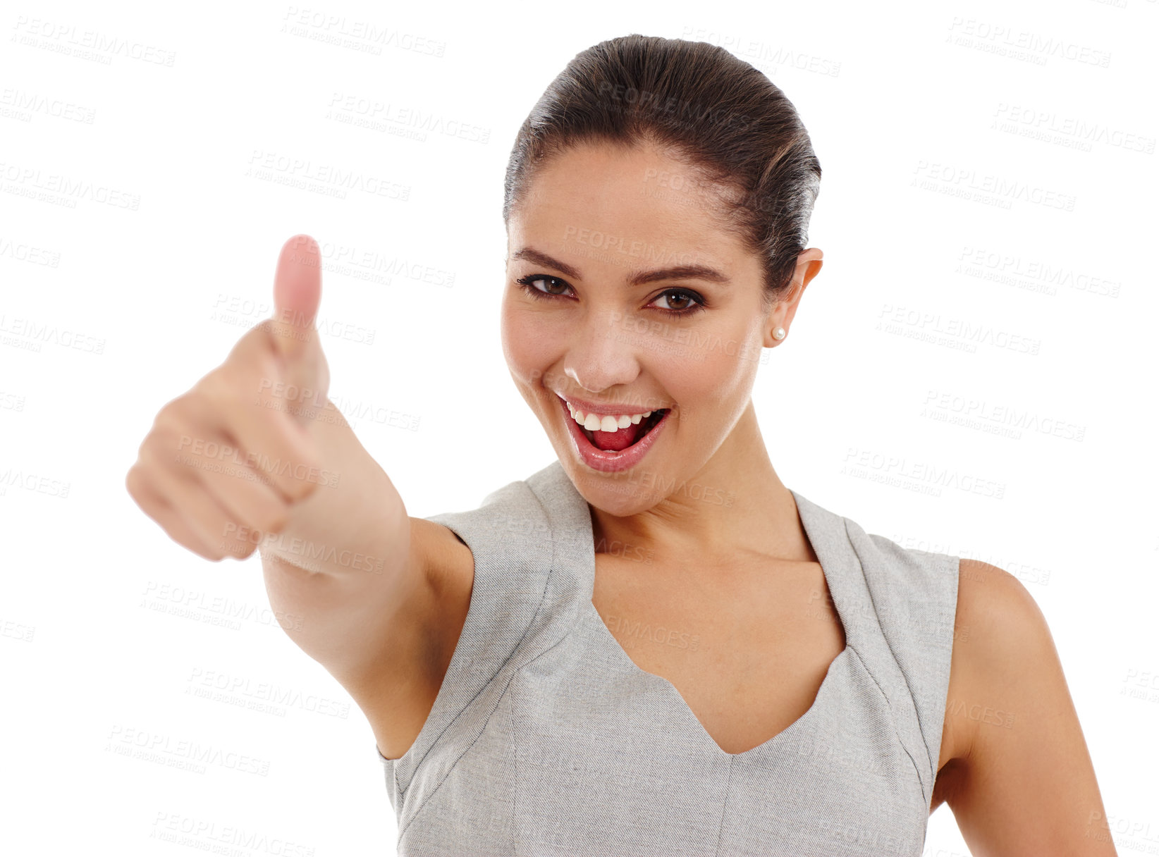 Buy stock photo Thumbs up, yes and portrait of business woman with opinion and agreement hand gesture. Studio, thank you and professional with good review, vote and success emoji sign with white background and like