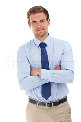 Buy stock photo Business man, portrait and entrepreneur with confidence of labor attorney in studio. Smile, professional and corporate fashion with employee ready for work and career with style and white background