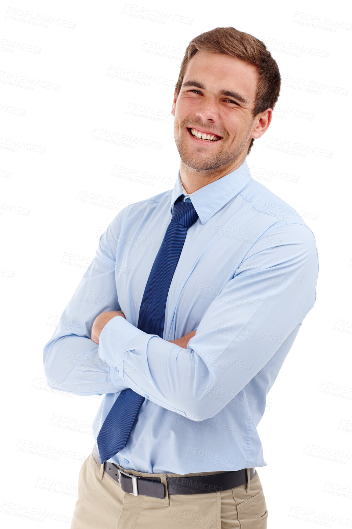 Buy stock photo Business man, arms crossed and portrait with confidence, laugh and happy from career in studio. Professional, funny joke and entrepreneur with corporate fashion and style with white background