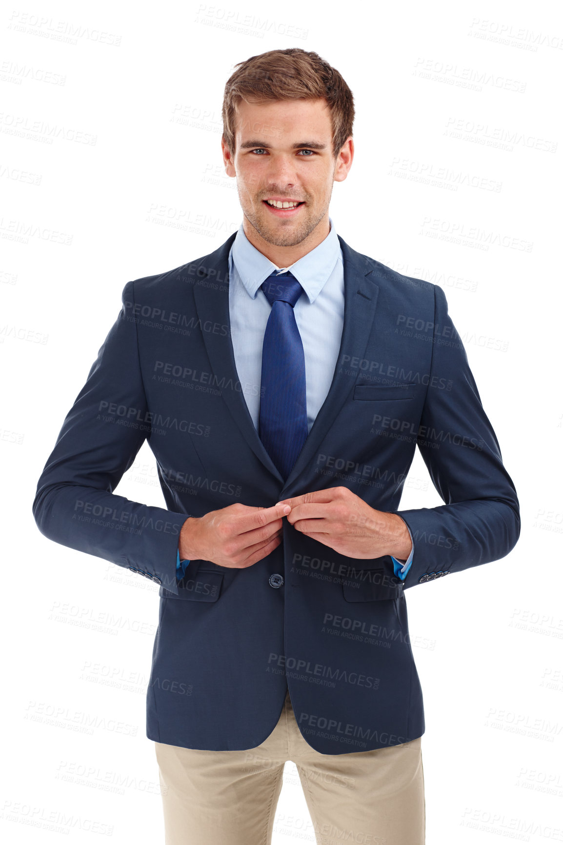 Buy stock photo Business man, suit and portrait with confidence, smile and happy from career in studio. Professional, success and entrepreneur with corporate fashion and style with white background and pride