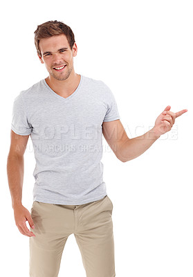 Buy stock photo Pointing, smile and portrait of man on a white background with trendy style, clothes and casual outfit. Confidence, studio and isolated person with hand gesture for promotion, discount and deal news