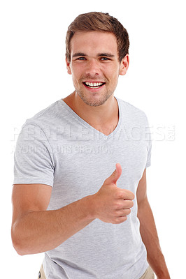 Buy stock photo Thumbs up, happy and portrait of man on a white background with hand sign, emoji and gesture. Confidence, smile and face of isolated person with signal for agreement, thank you and promote in studio