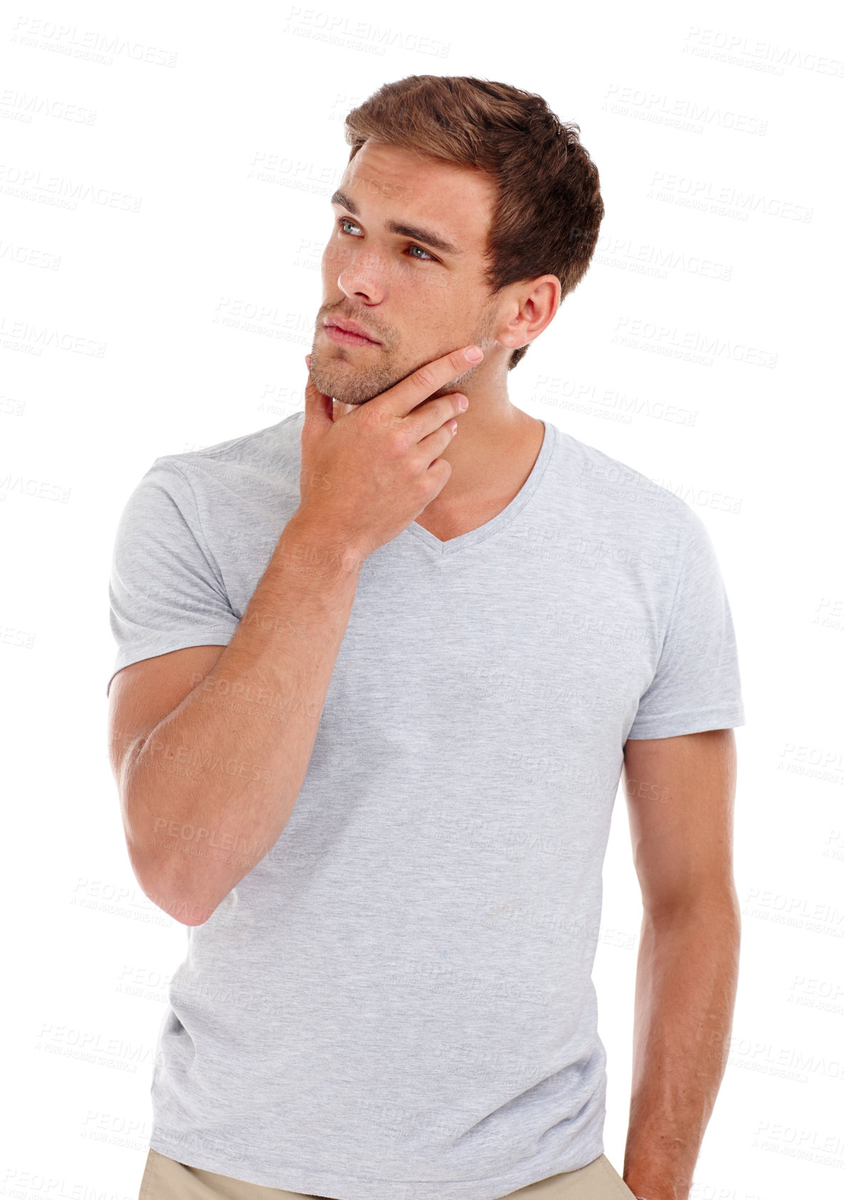 Buy stock photo Man, thinking of ideas and inspiration for future decision, insight and problem solving with vision on white background. Brainstorming, mindfulness and question in studio, curiosity or wonder