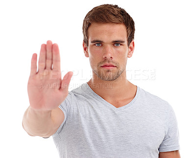 Buy stock photo Stop, serious and portrait of man on a white background for problem, prohibition and conflict. Anger, reject and isolated person with hand sign, palm and gesture in studio with frustrated reaction