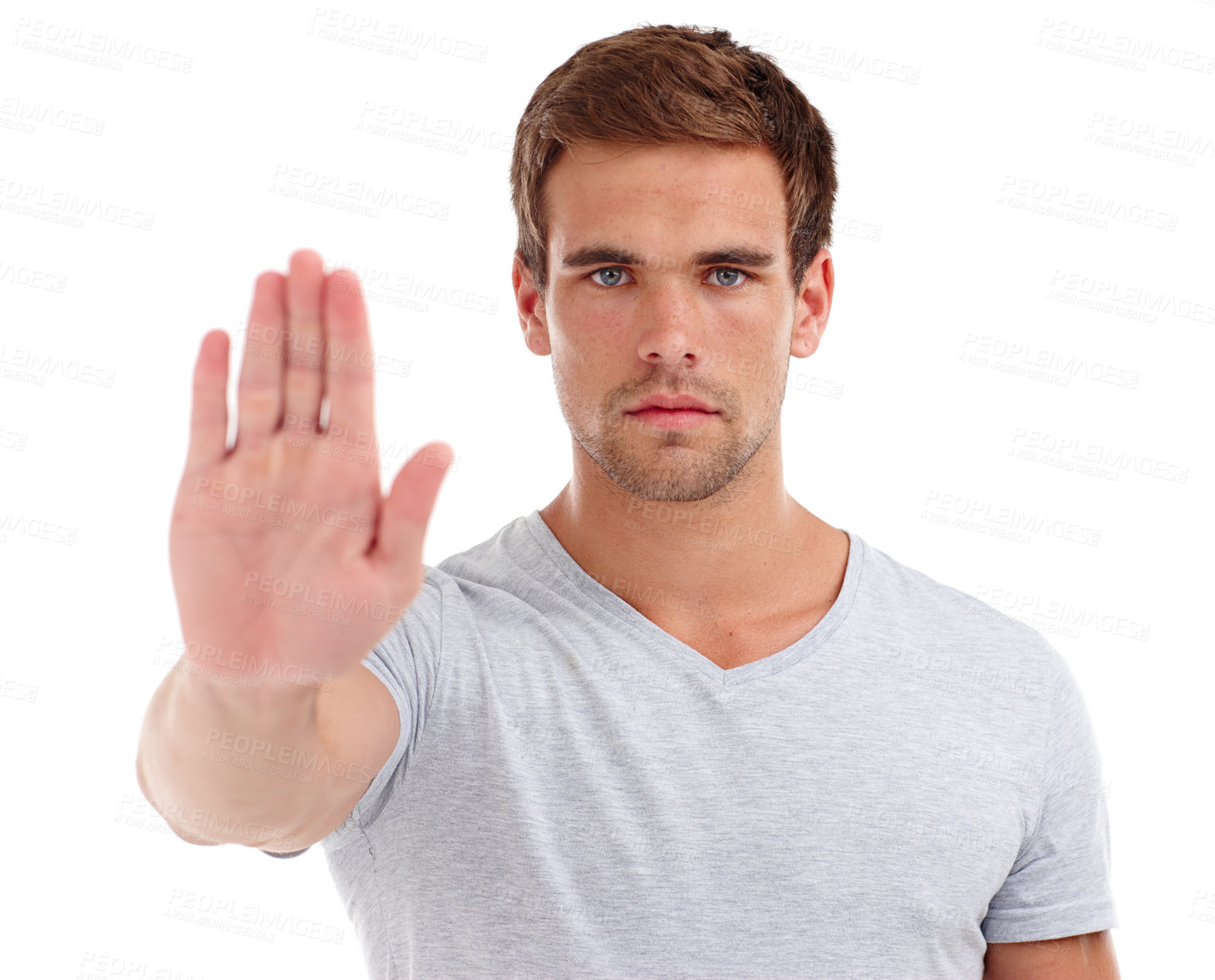 Buy stock photo Stop, serious and portrait of man on a white background for problem, prohibition and conflict. Anger, reject and isolated person with hand sign, palm and gesture in studio with frustrated reaction