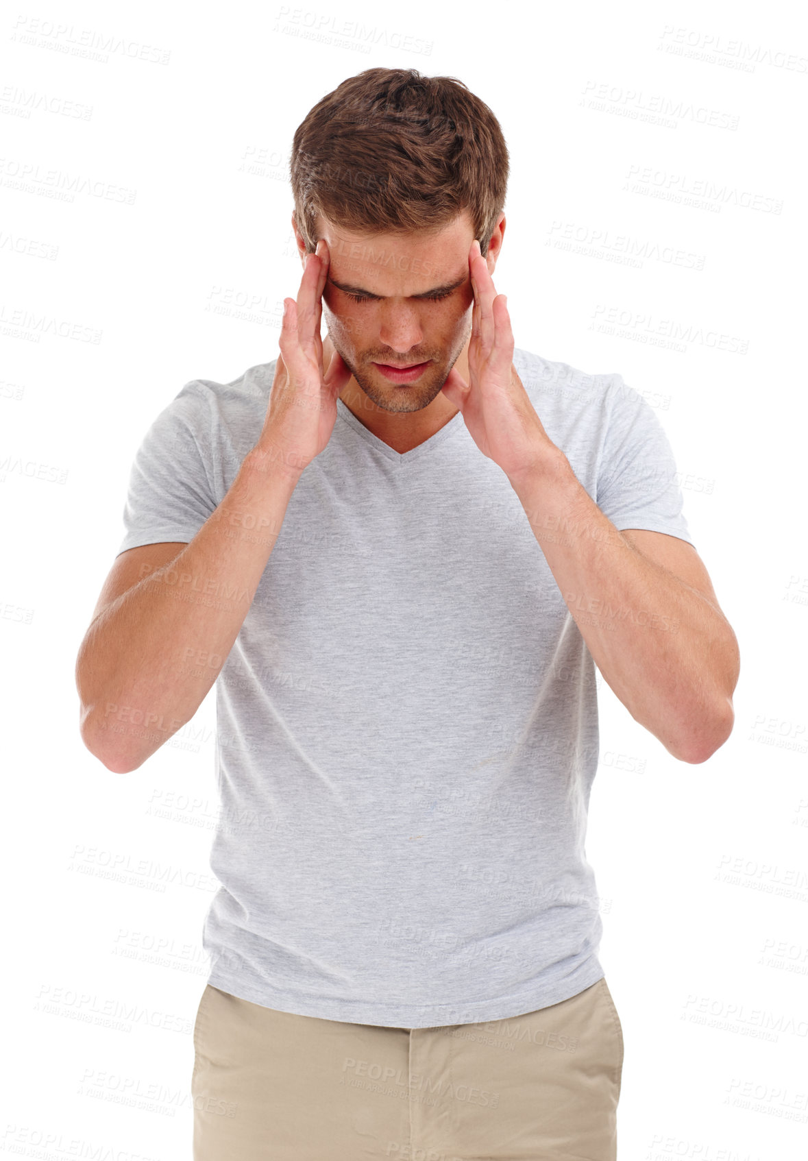 Buy stock photo Headache, pain and man on a white background with stress, anxiety and worry for problem. Health, fatigue and upset isolated person massage temple for burnout, frustrated and migraine in studio