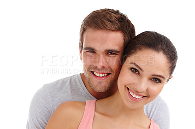 Buy stock photo Couple, portrait and smile with hug in studio for healthy relationship, anniversary date and summer holiday. Mockup, man and woman with embrace, happiness and affection on trip on white background