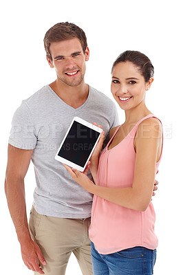 Buy stock photo Couple, portrait and tablet with screen in studio for social media advertisement, internet announcement and happiness. Mockup space, man and woman with website marketing and smile on white background