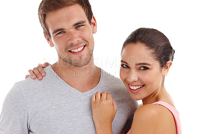 Buy stock photo Couple, portrait and happiness with hug in studio for healthy relationship, anniversary date and commitment. Support, man and woman with embrace, smile and affection with trust on white background